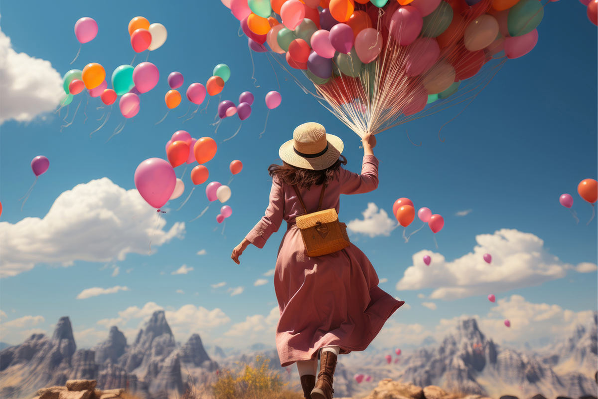 Junge Frau mit einem Strauß von Luftballons